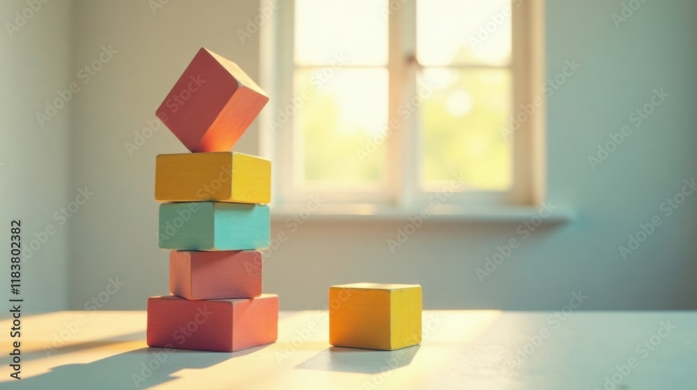 Poster A stack of colorful wooden blocks sits on a table near a sunlit window