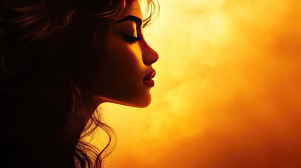 A side profile of a woman with radiant skin, her hair flowing gently, captured in soft golden light, emphasizing her facial contours and features.