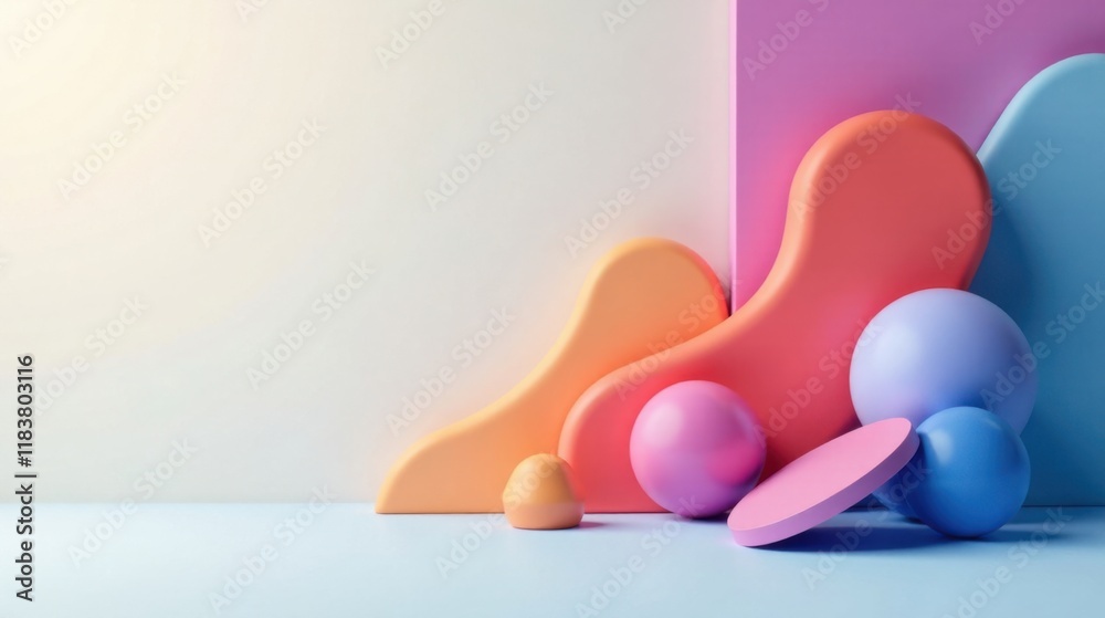 Poster abstract pastel shapes composition with smooth curves and spheres on a light blue surface