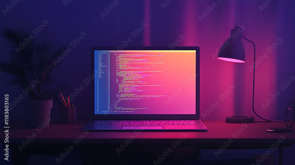 Aufkleber Nighttime coding session: illuminated laptop screen displaying swift programming language syntax for software development