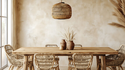 Rattan chairs and wooden dining table against beige stucco wall, farmhouse interior design of modern dining room