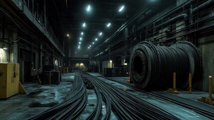 Fototapeta premium Deep within the industrial heart: A mesmerizing view of colossal cables and machinery in a dimly lit factory setting, evoking a sense of mystery and raw power.