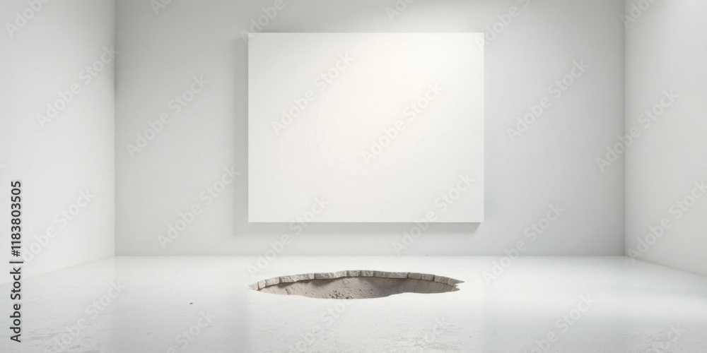 Poster minimalist interior with a hole in the floor and a blank canvas