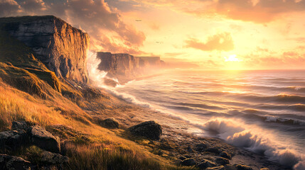 Majestic ocean waves crash against rugged cliffs at sunset, creating serene landscape.