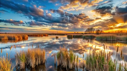 Obraz premium Panoramic wetlands photo: Gray cattails dominate, wildflowers accentuate stunning reed-filled scenery.