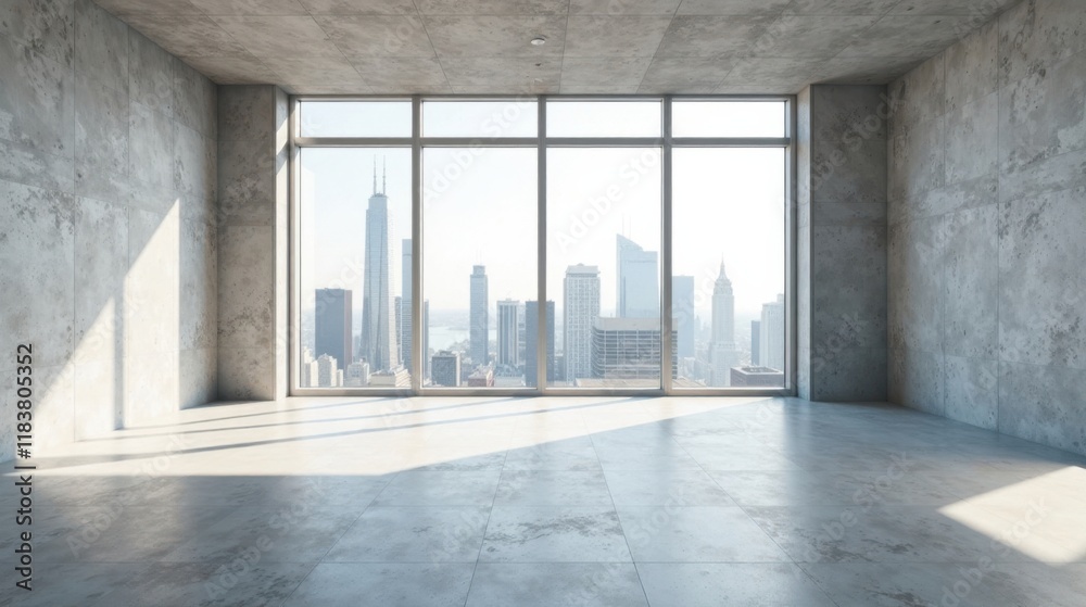 Aufkleber vast empty room with city skyline view from floor-to-ceiling windows