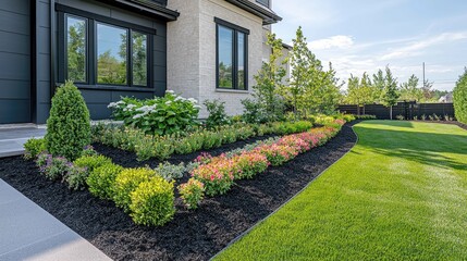 Obraz premium Captivating Landscape Design: Modern Home with Lush Garden and Exquisite Flowerbeds