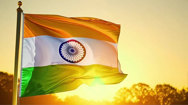 Indian Flag Waving Gracefully Against a Sunset Sky and Silhouetted Trees - Patriotic and Scenic Animation