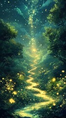 Obraz premium Magical Forest Path Illuminated By Fireflies And Starlight
