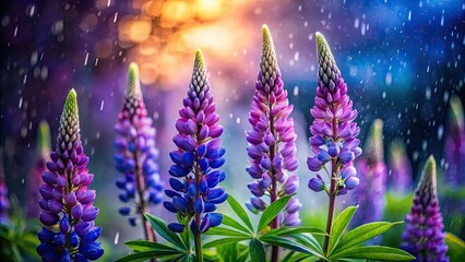 Obraz premium Rain-soaked lupins bloom in stunning slow-motion floral portraits, capturing nature's ephemeral beauty.