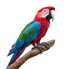 Fototapeta premium Vibrant Red Macaw perched on a branch, a stunning display of tropical colors against a pure white background.