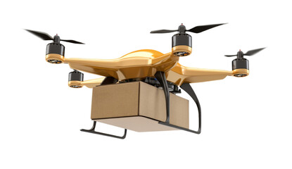 drone in flight, carrying a brown cardboard package with transparent background