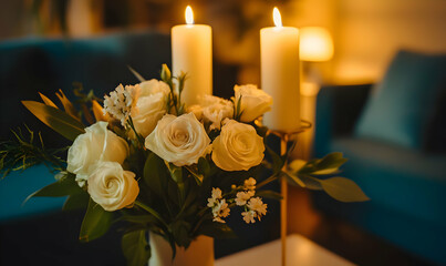 Obraz premium Romantic candlelit roses, living room, cozy