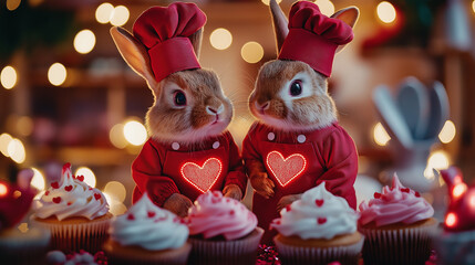 Obraz premium Pair of bunnies in Valentine’s chef outfits, surrounded by glowing heart-shaped cupcakes and festive kitchen decor