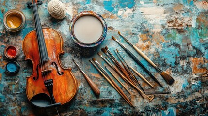Naklejka premium Artistic Symphony: Violin, Paints, and Brushes on a Textured Canvas