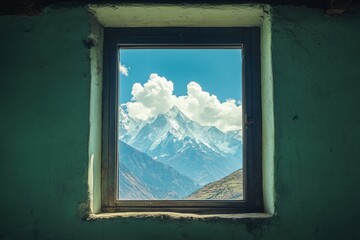 A window with a view of mountains
