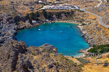 Heart-shaped St Paul's Bay as seen from the very top of Acropolis of Lindos, Rhodes Island, Dodecanese, Greek Islands, Greece, Europe
