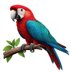 Obraz premium Vibrant Scarlet Macaw perched on a branch, showcasing its iridescent plumage against a pristine white background.