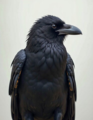 Fototapeta premium A black crow is standing on its right leg and looking at the camera. The bird has a sharp beak and is looking directly at the viewer. Concept of curiosity and intelligence