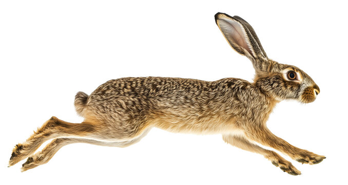 Side view of a jumping brown rabbit mid-leap isolated on a transparent background