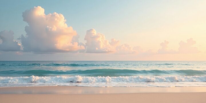 Serene coastal scene at sunset with gentle waves rolling onto a sandy beach
