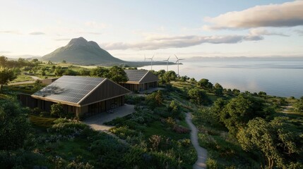 A serene landscape featuring modern cabins by a body of water, surrounded by lush greenery and a distant mountain under a bright sky.