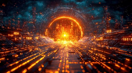 Obraz premium Cyberpunk Cityscape: A Futuristic Digital Metropolis. Neon Lights and Binary Code Illuminate a Thriving Technological Hub. A Vision of Tomorrow's Urban Landscape.
