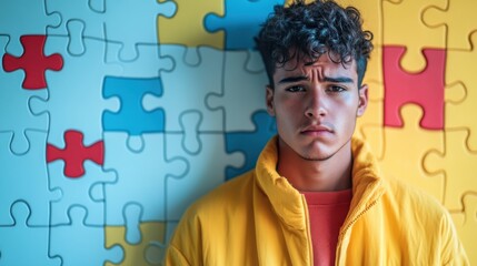 World autism awareness day April 2. Multiracial Young Man Against Colorful Puzzle Background. Mental Health and Disorder Concept