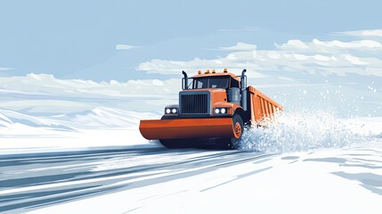 Powerful Orange Snowplow Cleans Snowy Road