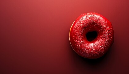 A single red donut with white sprinkles on a red background.