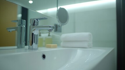 Modern Bathroom Sink with Chrome Faucet and Folded Towels