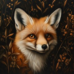 A detailed painting of a fox with expressive eyes, surrounded by dark foliage and berries, showcasing its vibrant orange fur and a charming expression.