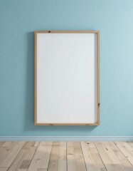 Blank Frame on Light Blue Wall Above Wooden Floor