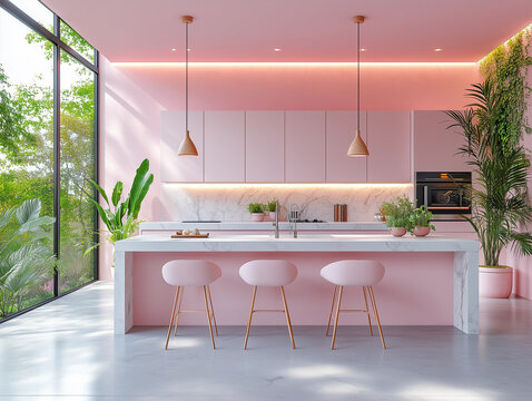 modern pink pastel color kitchen interior room minimalist design