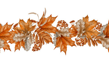 Fototapeta premium Seamless border from autumn maple leaves,mountain ash with oak leaves and a bunch of rowan berries as a symbol of the harvest festival,thanksgiving.Watercolor clipart on transparent background