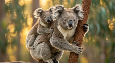 Fototapeta premium Mother Koala and Baby Koala on Tree Branch
