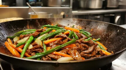 A vibrant stir-fry dish featuring beef, green beans, and carrots cooked in a wok, showcasing colorful ingredients and steam in a kitchen setting.