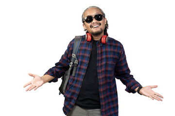Indonesian curly haired male backpacker excited to travel, travel concept, isolated on white background.