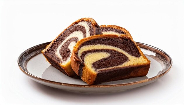 marble cake slices with chocolate and vanilla swirls on plate isolated on white background dessert - Powered by Adobe