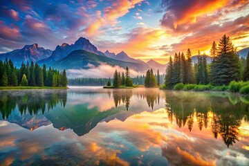 Obraz premium Sunrise paints a majestic mountain lake, reflecting serene nature's beauty.