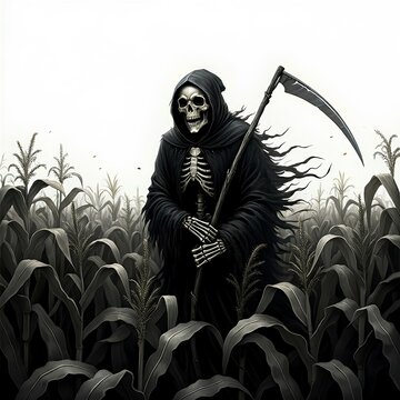 a scary grim reaper in the middle of corn field, horror concept, illustration