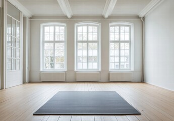 A large room with a gray mat on the floor