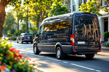Obraz premium Black delivery van driving along a quiet city street, representing urban transportation and commercial logistics.