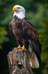 Fototapeta premium A bald eagle stands on a tree stump