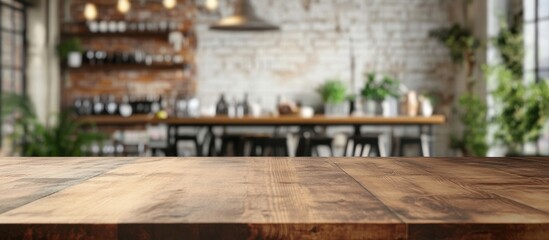 A wooden table with a view of a restaurant