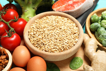 Different fresh products rich in melatonin on table, closeup