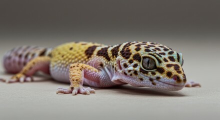 A Juvenile Leopard Gecko Crawls Slowly Across Beige Surface