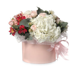 Bouquet of beautiful flowers in box isolated on white