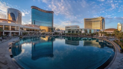Fototapeta premium Reflective Serenity: A Panoramic View of the Crystal Lagoon at Resorts city