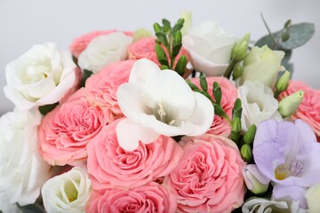 Beautiful wedding bouquet on light background, closeup